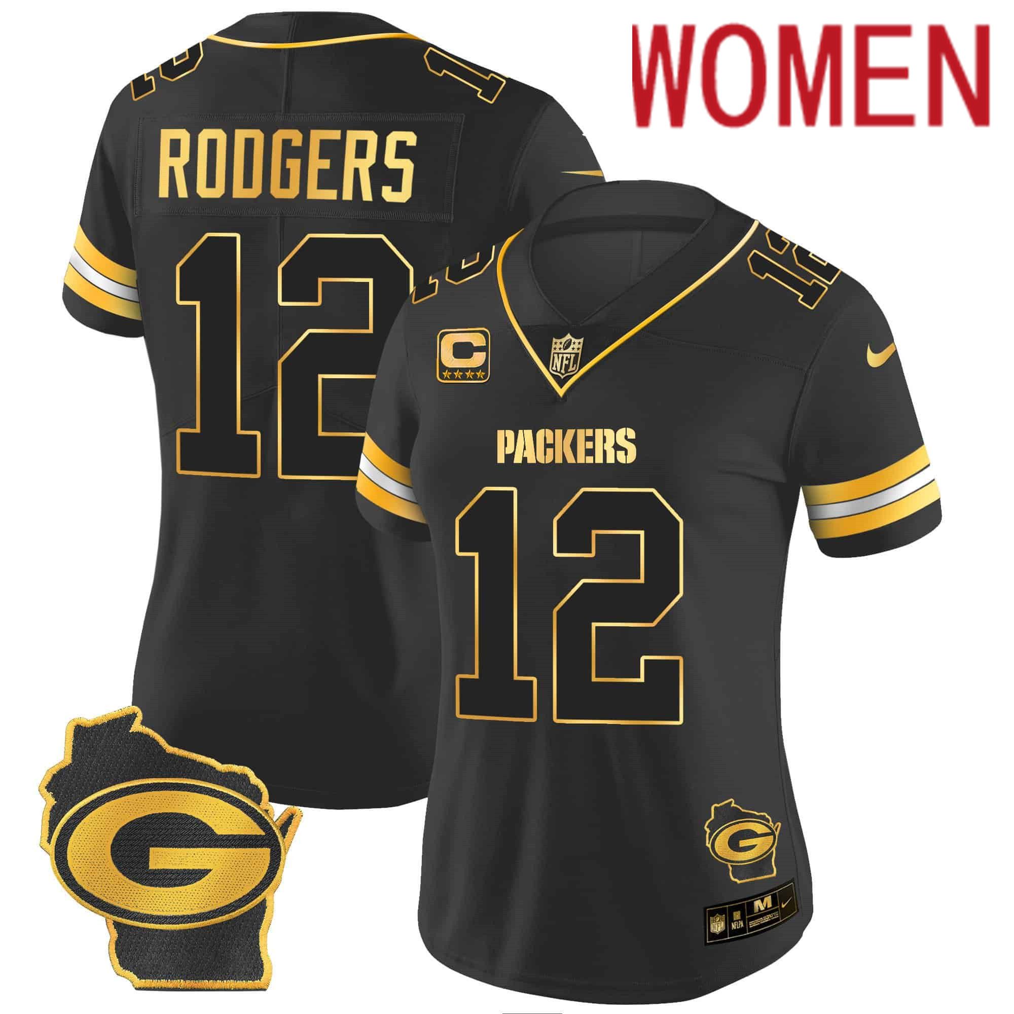 Women Green Bay Packers 12 Rodgers Black Gold 2024 Nike Home Patch Vapor NFL Jersey style 2